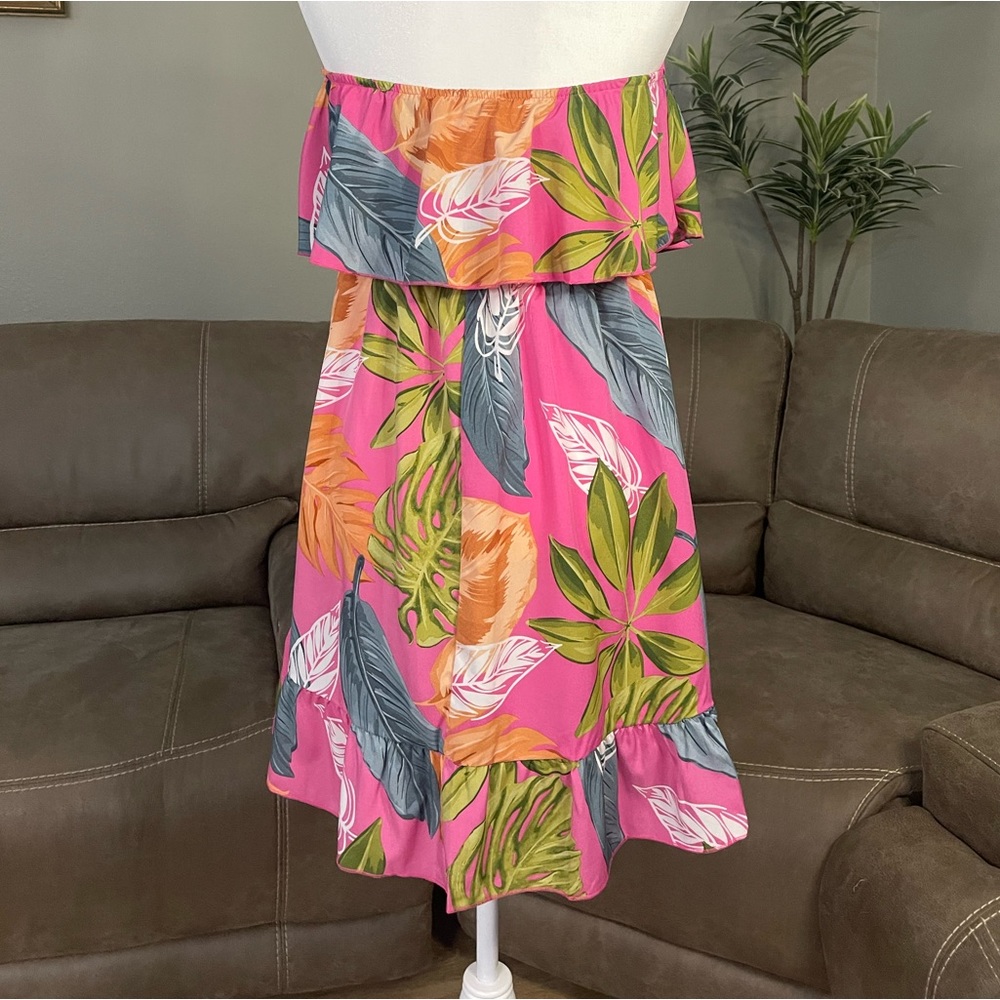 NEW Pink Tropical Strapless Ruffle Dress Sz L Large - Picture 8 of 8
